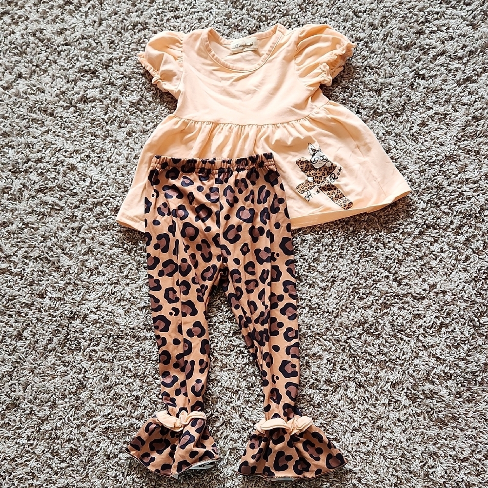 Marie Nicole 2t Easter Set. He Is Risen Bunny Shirt And Cheetah Bell Bottom Pant